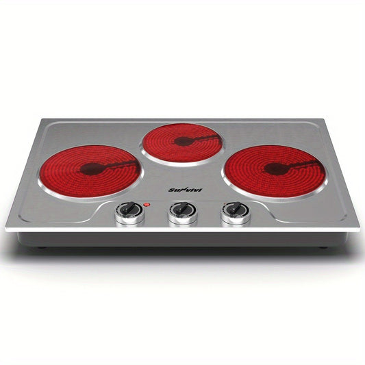 Portable Electric Cooktop Triple Burner 1800W – Royalcraft Countertop Electric Stove with Knob Control, Indicator Light, Compatible with All Cookware, Silver