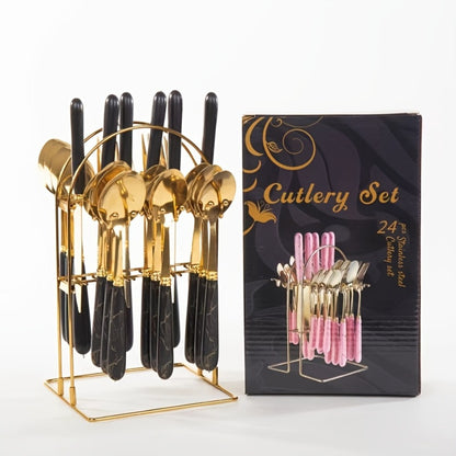 Marble Pattern Cutlery Set 24pcs - Dinner Forks Soup Spoons Teaspoons for Home Hotel Restaurant