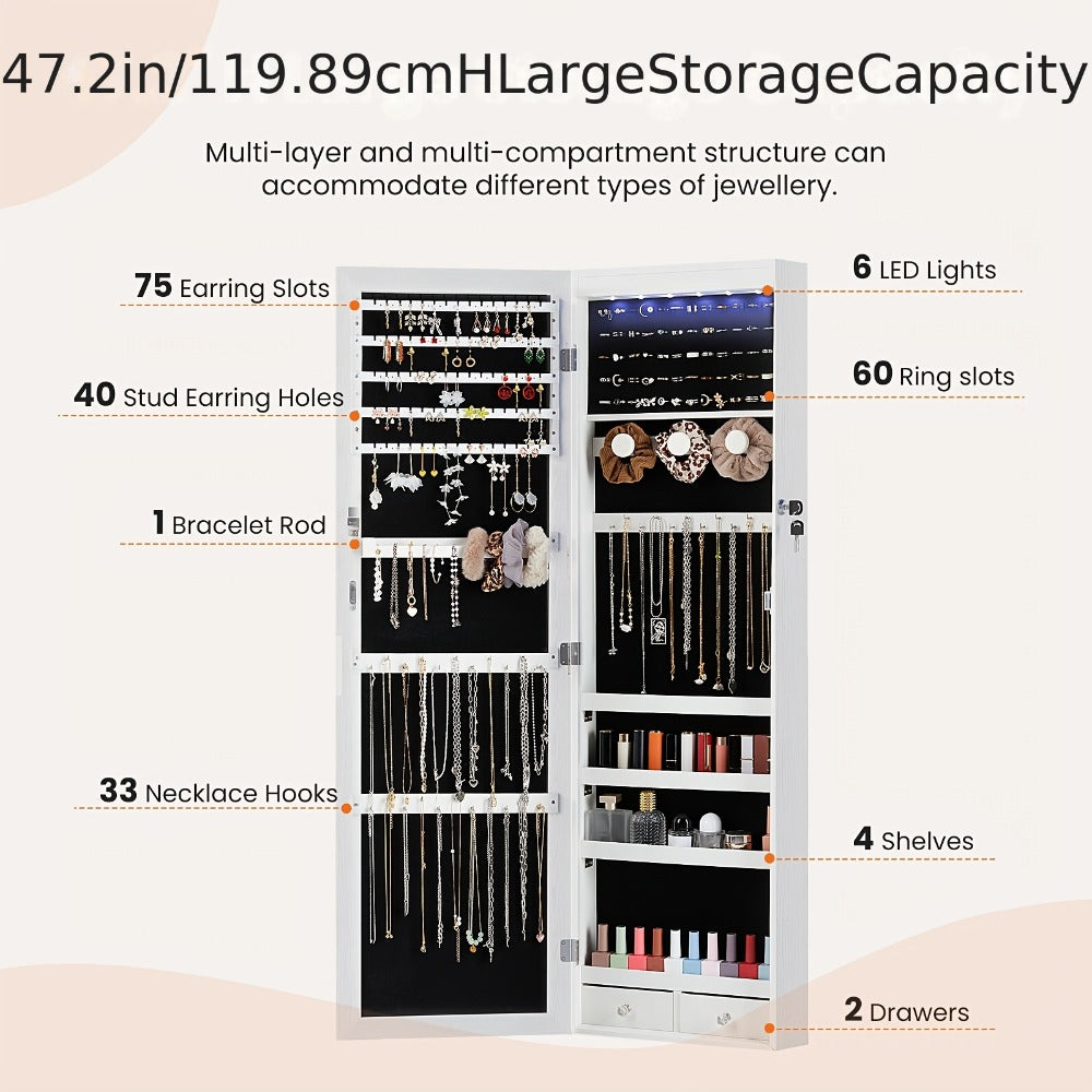 Jewelry Armoire Floor Standing 47.2" Full-Length Mirror Cabinet with 6 LED Lights Dual Lock, Jewelry Organizer for Necklaces Earrings Rings Bracelets, Bedroom Closet Storage 4 Colors