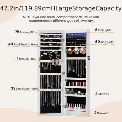 Jewelry Armoire Floor Standing 47.2" Full-Length Mirror Cabinet with 6 LED Lights Dual Lock, Jewelry Organizer for Necklaces Earrings Rings Bracelets, Bedroom Closet Storage 4 Colors