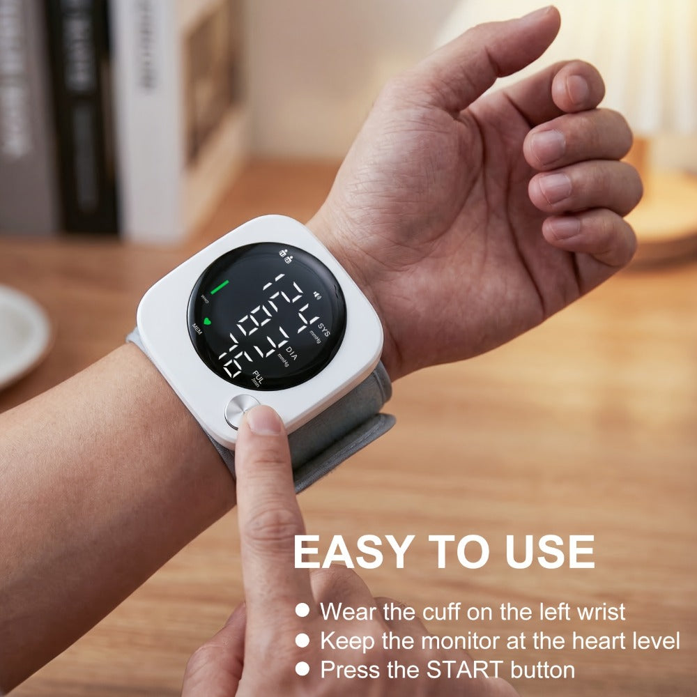 Wrist Blood Pressure Monitor with LCD Screen, Arrhythmia Alarm & Voice Playback – Adjustable Cuff, USB Charging, Gift for Family