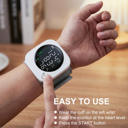 Wrist Blood Pressure Monitor with LCD Screen, Arrhythmia Alarm & Voice Playback – Adjustable Cuff, USB Charging, Gift for Family