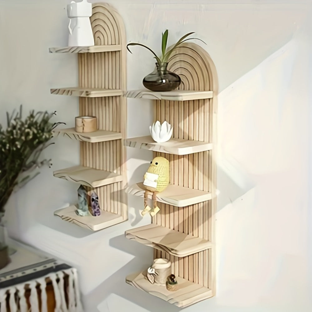 Boho Wooden Wall Shelf Floating Plant Shelf – 3 or 5 Tier Oval Hanging Flower Pot Rack, Minimalist Bedroom Living Room Storage Display Shelf, Wall-Mounted Wood Decor for Home & Apartment