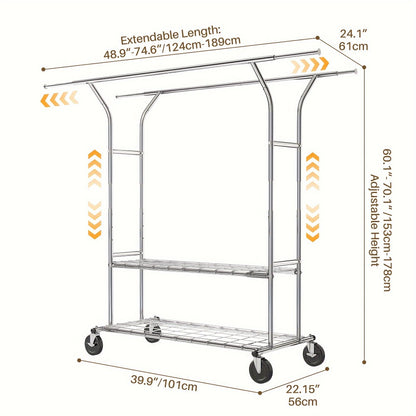 Heavy Duty Clothes Rack 630lbs Double Rod Rolling Garment Rack with Wheels Adjustable Height Width Freestanding Portable Clothing Stand with Bottom Shelves for Bedroom Closet Laundry Room Silver