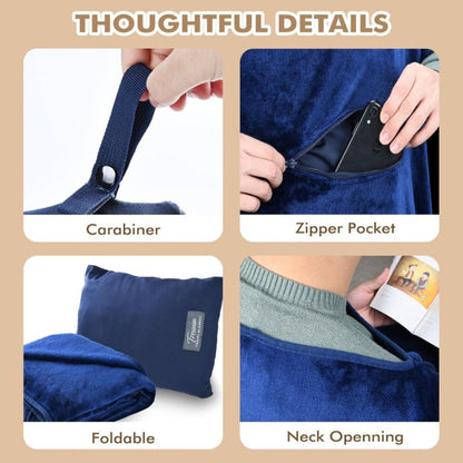4-in-1 Travel Blanket Airplane - Soft Fleece Poncho Pillow Lumbar Support with Built-in Zipper Bag, Lightweight Packable 40x60in Blanket for Plane Car Office, Holiday Gift