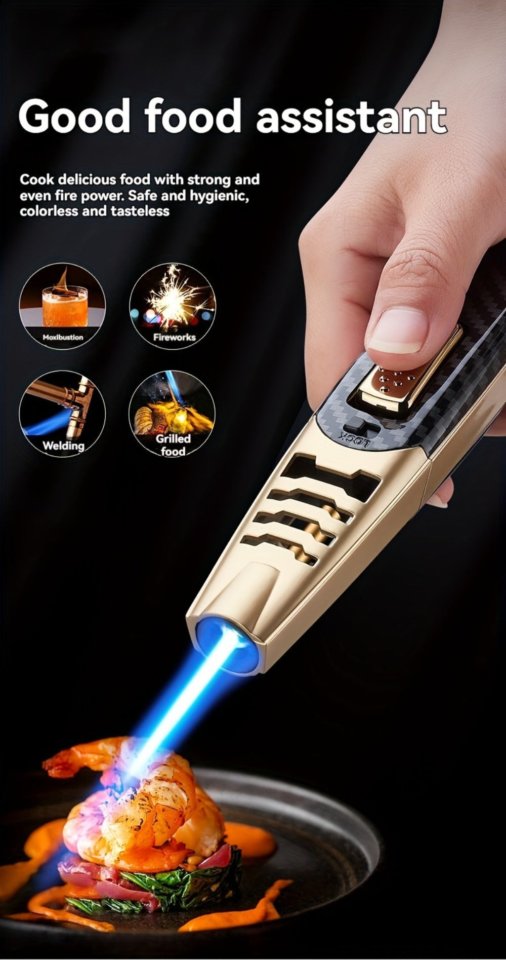 Kitchen Torch Lighter Carbon Fiber Windproof, Adjustable High-Temperature Flame with Safety Lock, Refillable Butane Culinary Torch for Baking, Creme Brulee, Caramel, Welding & Outdoor Use – Black & Gray (Butane Not Included)