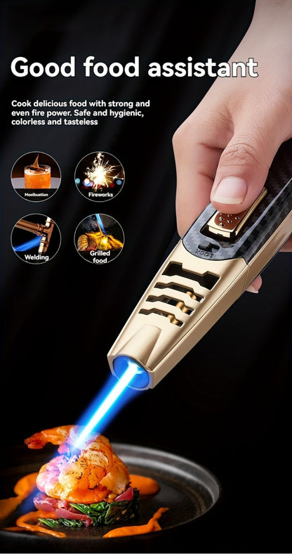 Kitchen Torch Lighter Carbon Fiber Windproof, Adjustable High-Temperature Flame with Safety Lock, Refillable Butane Culinary Torch for Baking, Creme Brulee, Caramel, Welding & Outdoor Use – Black & Gray (Butane Not Included)