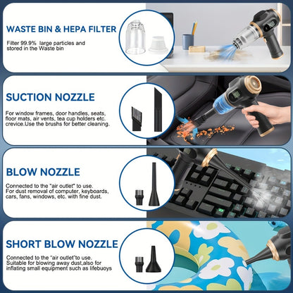 Cordless Handheld Vacuum Cleaner with LCD Display & Multi-Nozzles, 9000Pa Suction 50000RPM HEPA Filter, 2-in-1 Blow & Vacuum for Car Home Office Pet Hair Keyboard Sofa