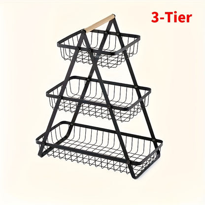 Metal Wire Bathroom Storage Basket with Wooden Handle Multi-Tier Countertop Organizer Detachable Fruit Basket Kitchen Pantry Bedroom Desk Organization