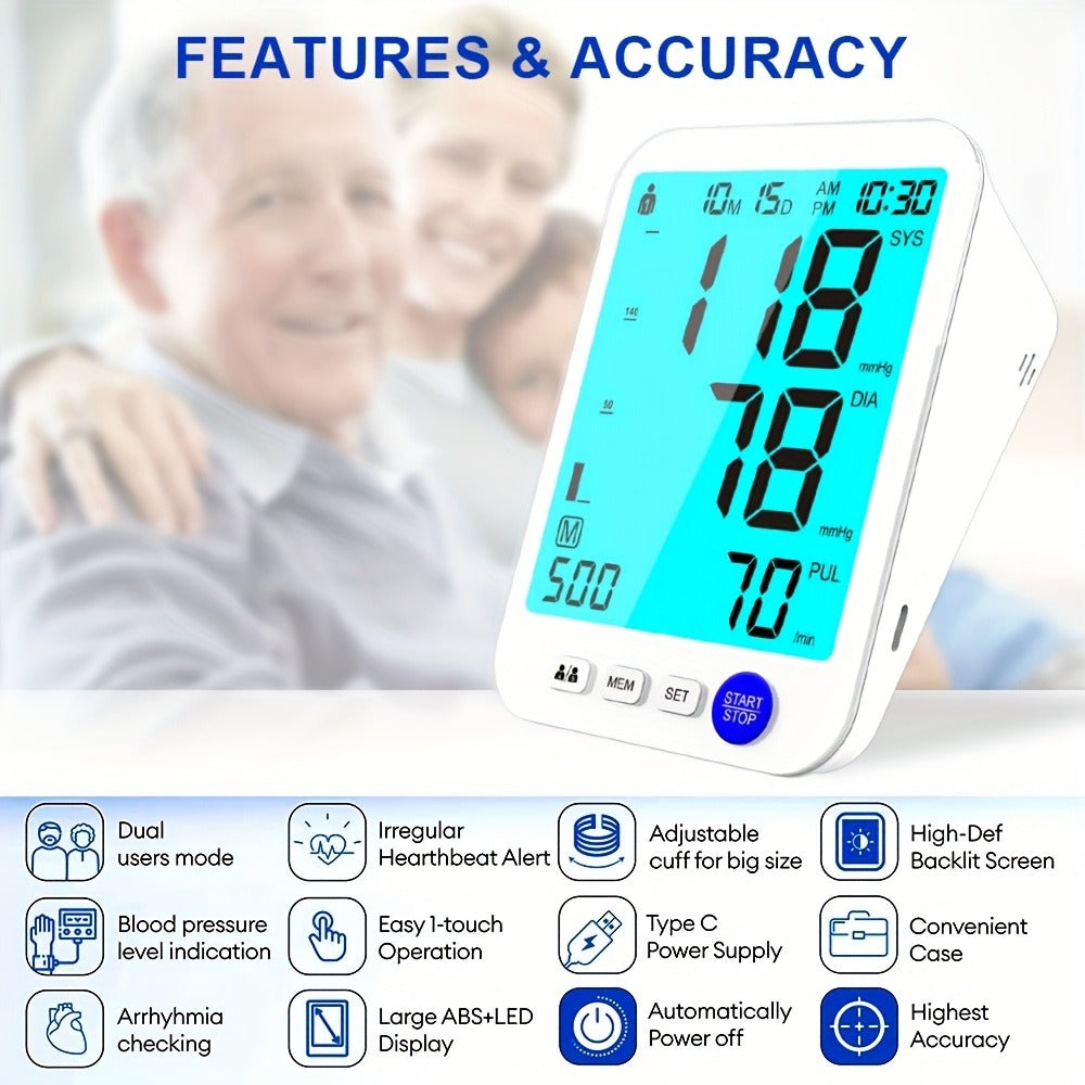 Upper Arm Blood Pressure Monitor Automatic – Large LED Backlit Screen, Extra-Large Cuff, 1000-Reading Memory for 2 Users, One-Button BP Machine for Home Hypertension Management