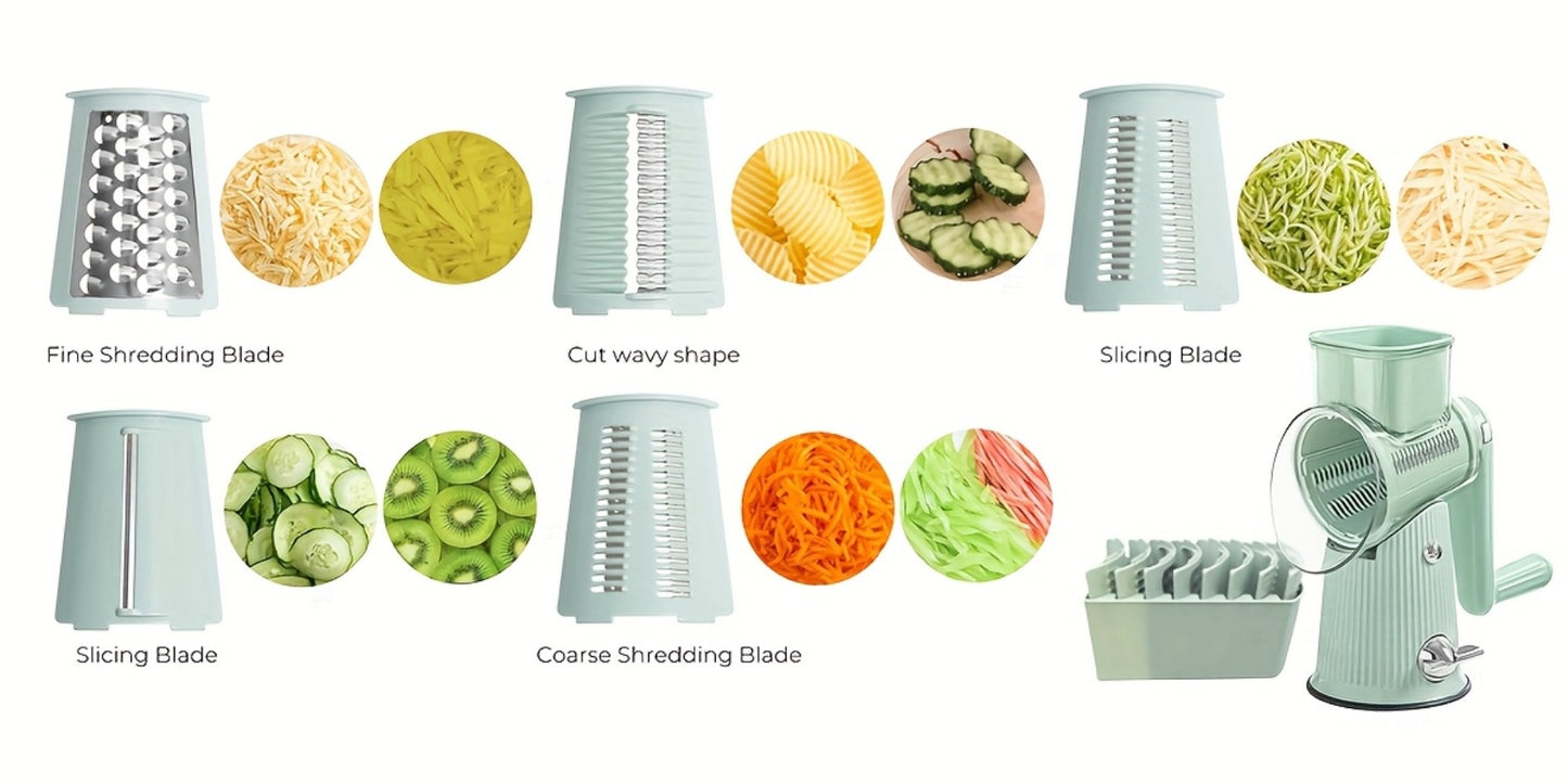 Rotary Cheese Grater with Interchangeable Blades – 5-in-1 Manual Vegetable Slicer Shredder Set, Suction Cup Base, Easy to Clean, Multifunctional Kitchen Tool for Fruits, Vegetables & Nuts