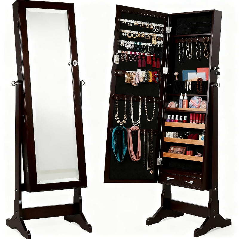 Jewelry Armoire Floor Standing 47.2" Full-Length Mirror Cabinet with 6 LED Lights Dual Lock, Jewelry Organizer for Necklaces Earrings Rings Bracelets, Bedroom Closet Storage 4 Colors