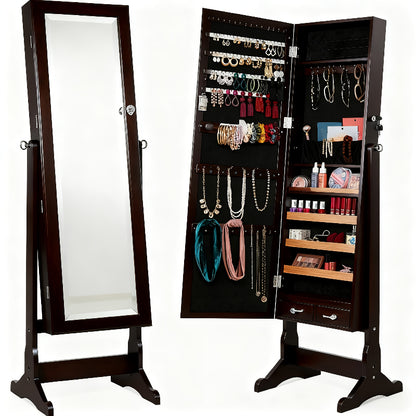 Jewelry Armoire Floor Standing 47.2" Full-Length Mirror Cabinet with 6 LED Lights Dual Lock, Jewelry Organizer for Necklaces Earrings Rings Bracelets, Bedroom Closet Storage 4 Colors