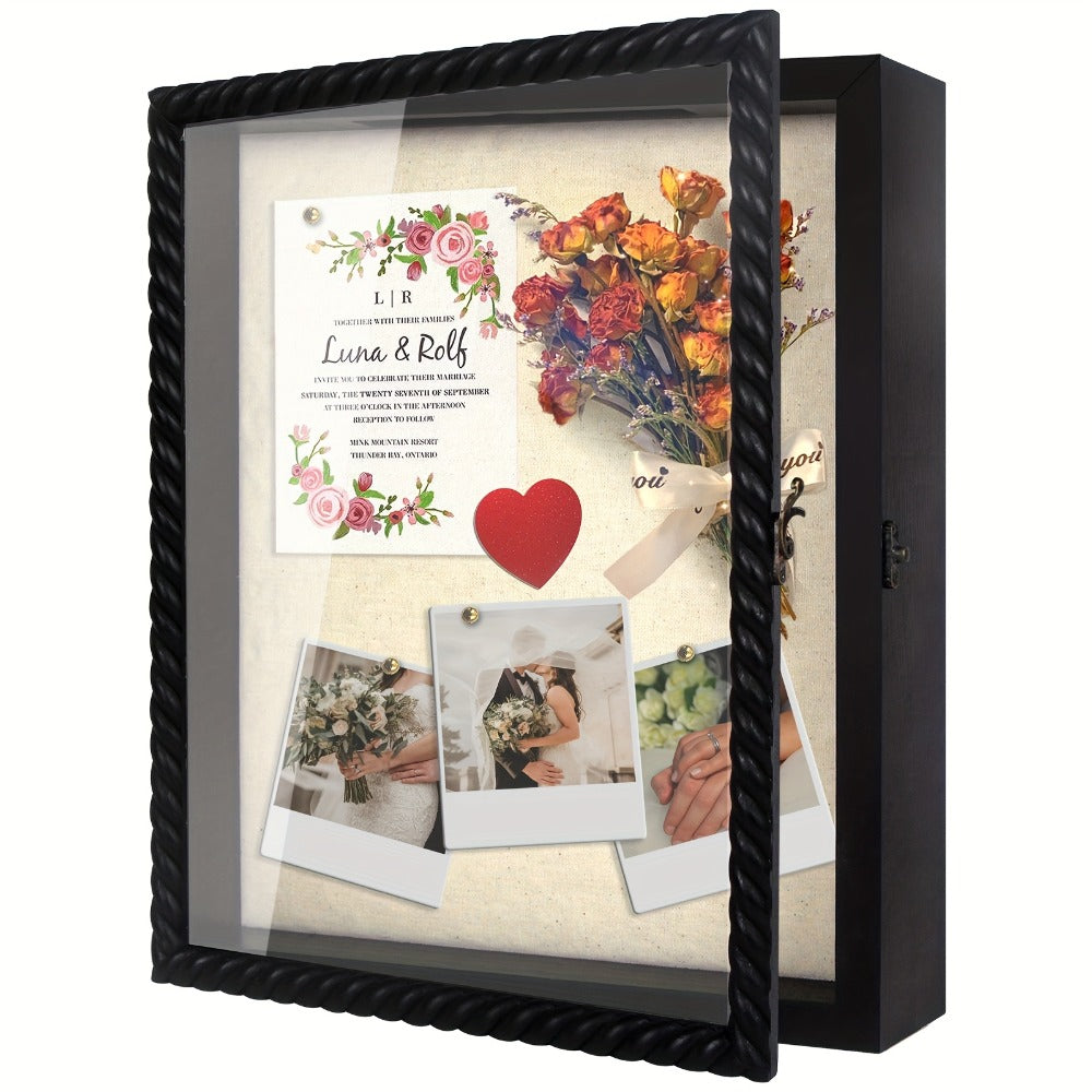 Shadow Box Frame with Linen Back – Large Rustic Memory Display Case 11x14 & 12x16 Inch for Photos, Medals, Coins, Pins, Flowers & Collectibles, 4 Removable Shelves, Black White Brown