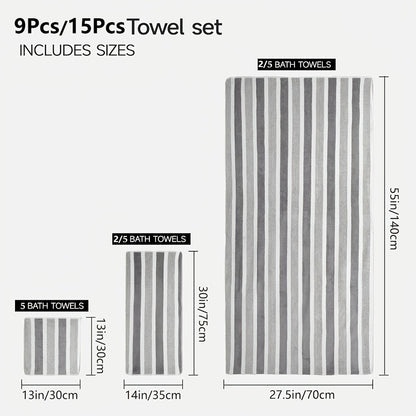 Coral Fleece Towel Set 9 or 15 Piece No Hair Loss 320GSM - Super Soft Absorbent Two-Color Striped | 2 Bath 2 Face 5 Hand Towels | Gray Brown Red Green Blue Mixed | Bathroom Beach Essentials