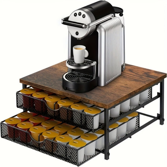 Coffee Pod Holder K-Cup Storage Drawer with Sliding Basket | 48-Capsule Double Layer Coffee Capsule Organizer for Countertop | Compatible with Nespresso Keurig Pods | Brown Coffee Bar Accessory