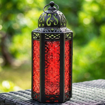 Moroccan Candle Lantern Holder - Decorative Metal & Glass Lantern with Embossed Floral Design for Indoor Home Decor, Garden, Patio, Weddings, Ramadan, Halloween & Holiday Celebrations - 10.5" Tall Medium Size