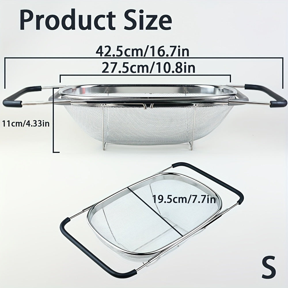Expandable Sink Colander Stainless Steel – Over the Sink Strainer Basket with Fine Mesh & Rubber Grip, Adjustable Kitchen Drain Strainer for Vegetables, Fruits & Pasta, Small & Large Size