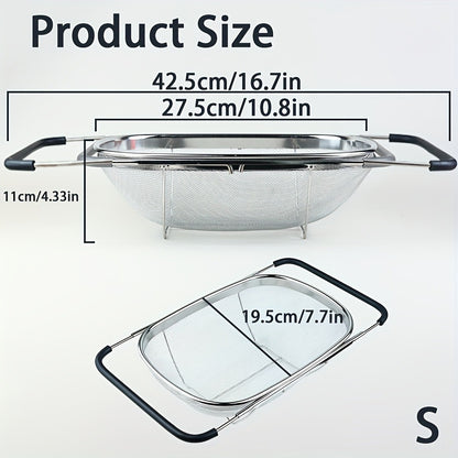 Expandable Sink Colander Stainless Steel – Over the Sink Strainer Basket with Fine Mesh & Rubber Grip, Adjustable Kitchen Drain Strainer for Vegetables, Fruits & Pasta, Small & Large Size