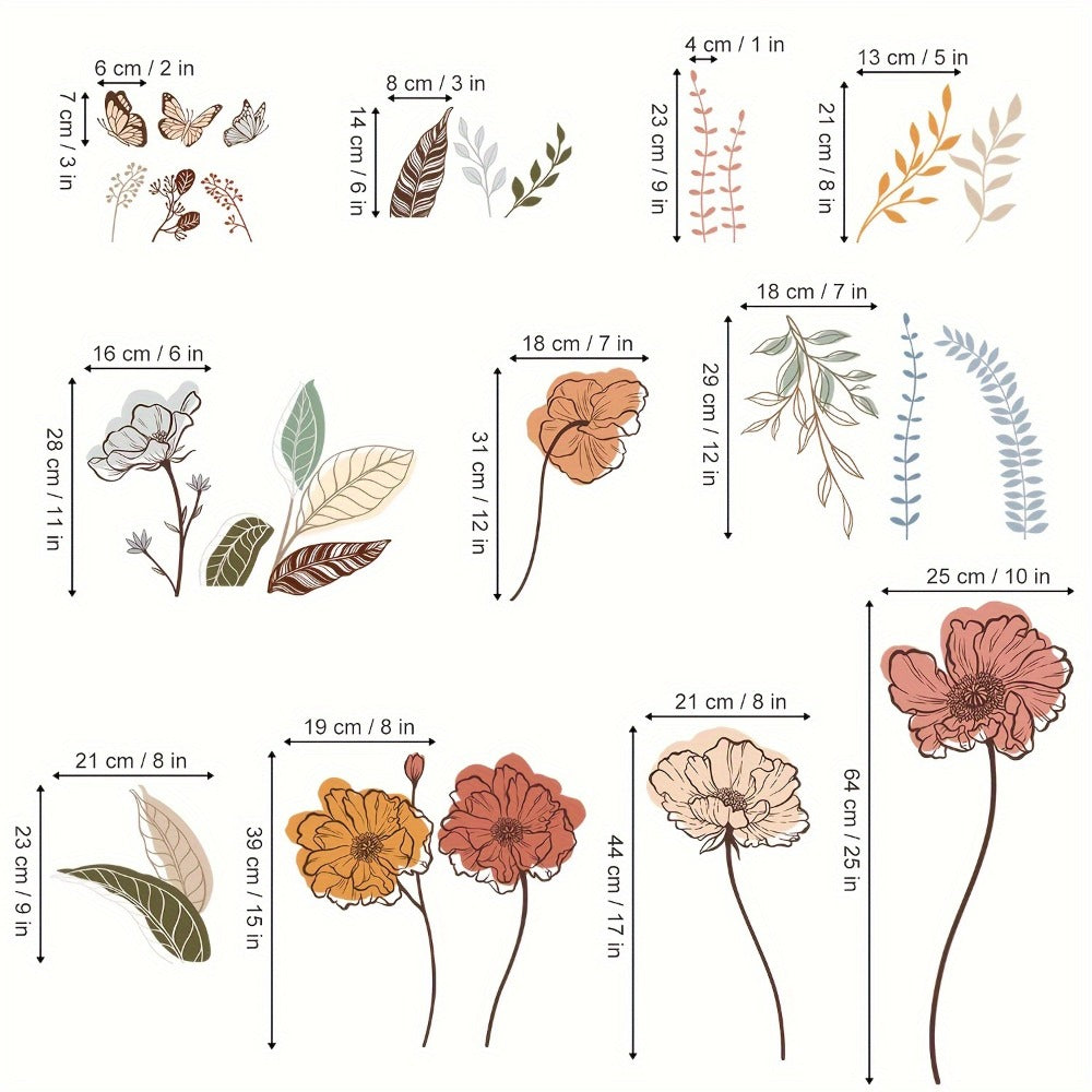 Bohemian Floral Wall Decals Self-Adhesive Wildflower Stickers for Living Room Bedroom TV Wall Art Decor – Flowers & Fruits Peel and Stick Removable Wall Stickers Home Decoration