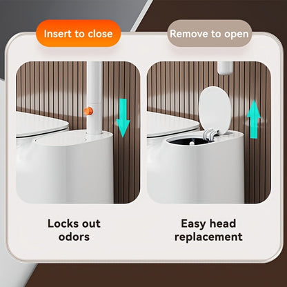 Toilet Brush and Trash Can 2-in-1 Set - Disposable Brush Heads Slim 7.7L Bathroom Waste Bin with Push Lid Hygienic No-Touch Cleaning System Space Saving ABS Plastic | White | RV Apartment Small Bathroom