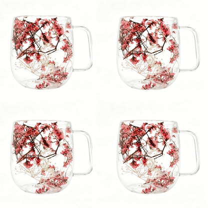 Double Wall Glass Coffee Cups with Handle Set of 4 – Borosilicate Thermal Mugs for Latte Cappuccino Tea | Dried Flower & Petal Design Transparent Drinkware for Office Home Gifts