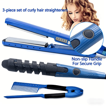 3-in-1 Hair Styling Set Flat Iron Curling Iron & Styling Comb, Anti-Scald Hair Straightener & Curler for Big Waves Straight Hair Curls, Professional Hair Tools Gift for Women, Mother's Day Birthday