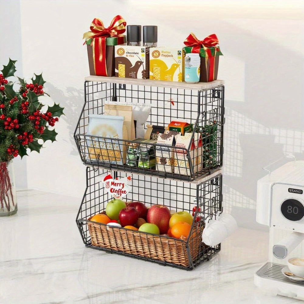 Stackable Metal Wire Fruit Basket with Lid – 1 or 2-Tier Hanging Kitchen Pantry Storage Bin, Wall-Mounted or Countertop Vegetable Organizer for Potato, Onion & Produce, Black