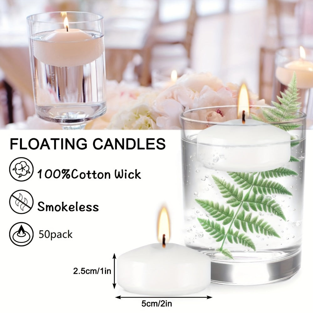 Floating Candles 2 Inch – 50 Pack White Paraffin Wax Candles for Wedding, Birthday, Valentine's Day, Halloween & Christmas Table Centerpiece Decor