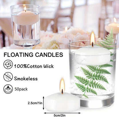 Floating Candles 2 Inch – 50 Pack White Paraffin Wax Candles for Wedding, Birthday, Valentine's Day, Halloween & Christmas Table Centerpiece Decor