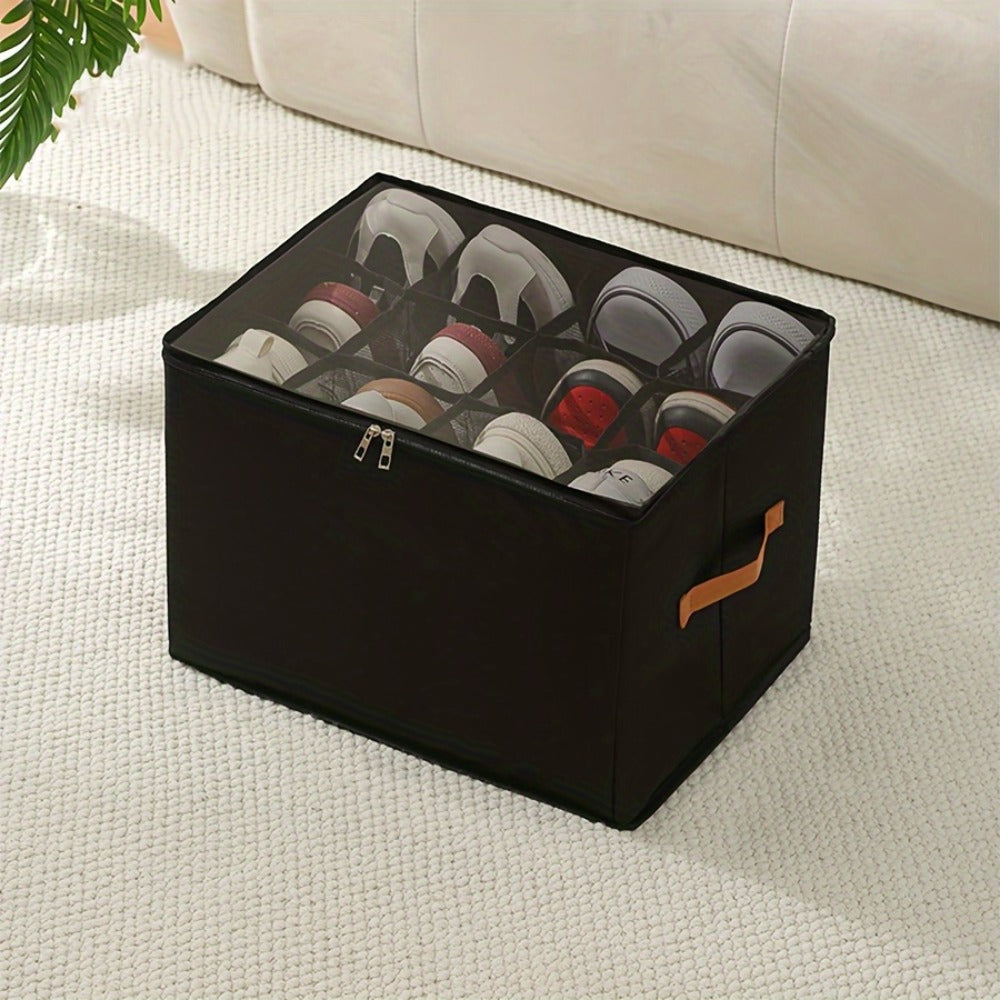 Oxford Fabric Shoe Storage Organizer with Adjustable Dividers, Transparent Lid & Handles – Holds 12 Pairs, Foldable, Zippered Dustproof, 2 or 4 Pack