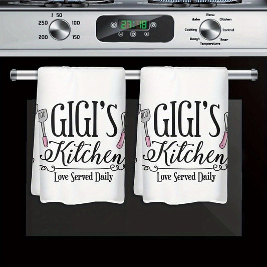Kitchen Dish Towels 2 Pack 23.6x15.7 Inch - Decorative Hand Towels 370GSM Polyester Cartoon Utensil Graphic Love Served Daily Text Lightweight Soft Absorbent | Home Hotel Restaurant Kitchen Decor Gift