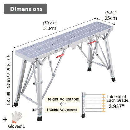 Adjustable Folding Scaffolding Work Platform 800 lbs, Portable Drywall Bench Step Ladder with Anti-Slip Feet & Safety Lock, Height 31.5"-49.2", for Painting, Cleaning, Car Washing & Decorating