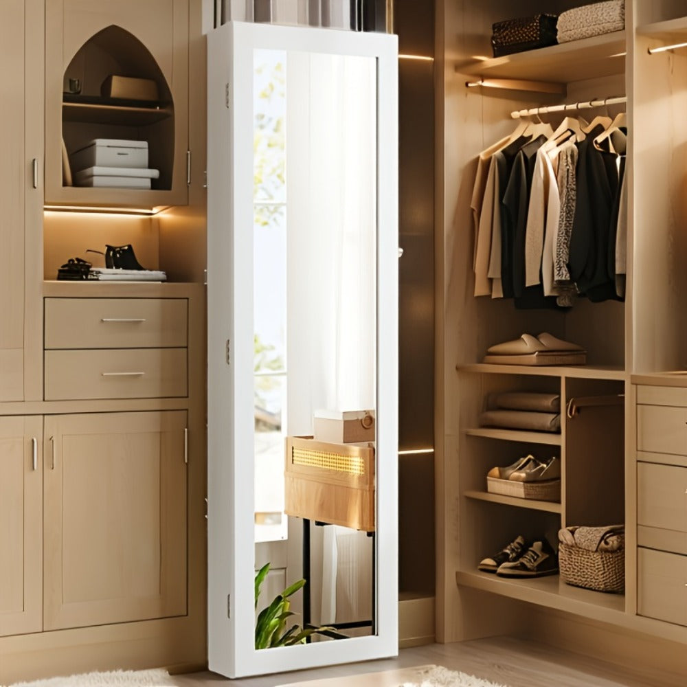 Jewelry Armoire Floor Standing 47.2" Full-Length Mirror Cabinet with 6 LED Lights Dual Lock, Jewelry Organizer for Necklaces Earrings Rings Bracelets, Bedroom Closet Storage 4 Colors
