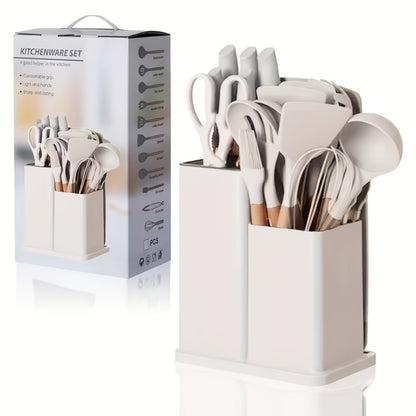 19-Piece Non-Stick Silicone Cookware Set with Bamboo Storage, Knives & Wooden Handle – Pots, Pans & Utensils for Induction & Oven