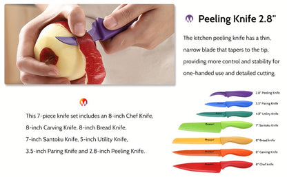 Rainbow Kitchen Knife Set 14pcs – 7 Sharp Stainless Steel Knives with 7 Blade Guards, Dishwasher Safe, Non-Stick Professional Chef Knife Set with Sheaths