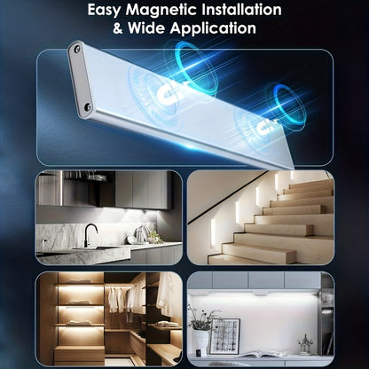 Motion Sensor Under Cabinet Lights 2 Pack | Wireless USB Rechargeable Dimmable 3 Color Temperatures Stick-On Magnetic LED Light for Kitchen Cabinet Wardrobe Stairs Cupboard