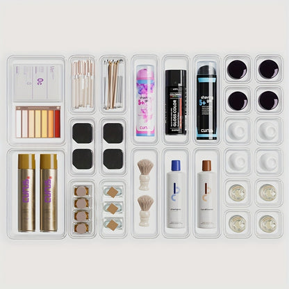 Drawer Organizer Set 25pcs Transparent Plastic Storage Boxes | Bathroom Vanity Makeup Organizer Tray for Cosmetics, Jewelry, Office Desk & Bedroom Dresser - Multifunctional PET Stackable Divider Kit