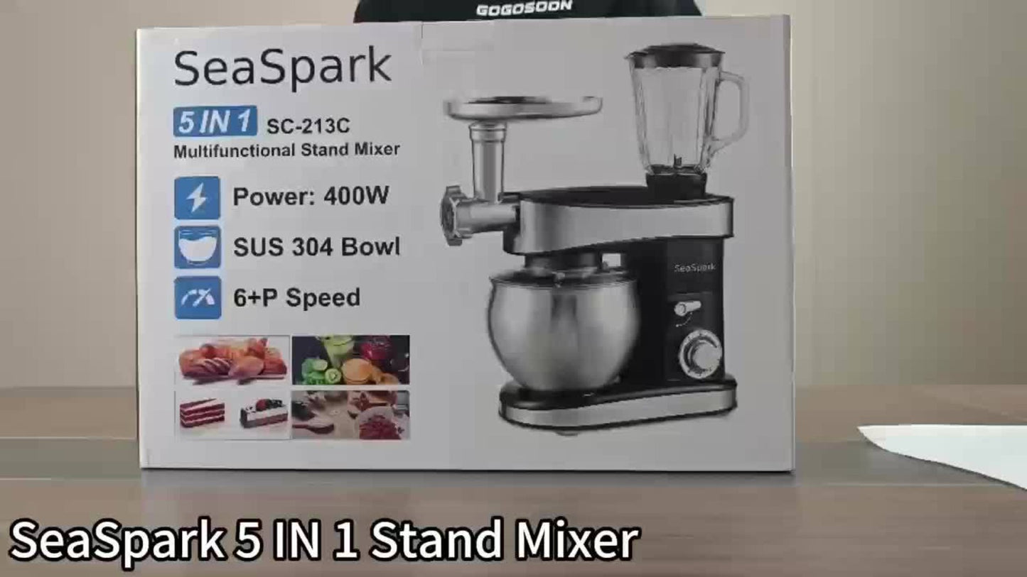 Stand Mixer 6-in-1 400W with 6.3QT Stainless Steel Bowl – 6-Speed & Pulse Tilt-Head Kitchen Mixer with Dough Hook Beater Whisk Juicer Meat Grinder Noodle Press | Electric Food Mixer Black Red Purple Silver
