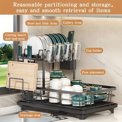 2-Tier Metal Dish Drying Rack with Cutlery Holder Cup Holder & Rust-Proof Drip Tray – Space Saving Countertop Kitchen Organizer