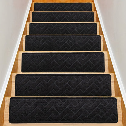 Non-Slip Stair Treads 15pcs 8"x30" Self-Adhesive Carpet Pads for Wooden Steps – Washable Polyester Indoor Stair Mats for Safety, Anti-Slip Step Covers in Multiple Colors