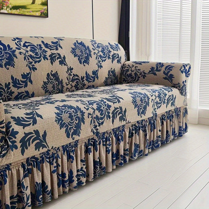 Stretch Sofa Cover Slipcover High-Stretch Fabric Ruffle Skirt Non-Slip Rod All-Season Snug Fit for 1 2 3 4 Seater Couch — Dark Blue with Pillow Cover