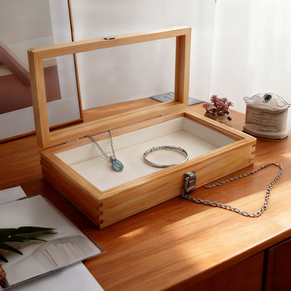Lockable Wooden Display Storage Box with Acrylic Window – Jewelry & Collectibles Organizer Drawer Box, Elegant Wood Finish, Clear Viewing Panel, Gift Box