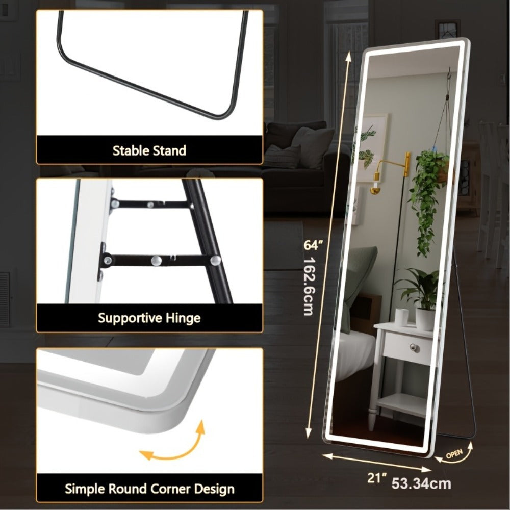 Full Length Mirror with LED Lights & Touch Sensor – 64"x21" Dimmable Smart Floor Mirror, Wall Mount or Freestanding, Slim Modern Frame for Bedroom, Vanity & Dressing Room