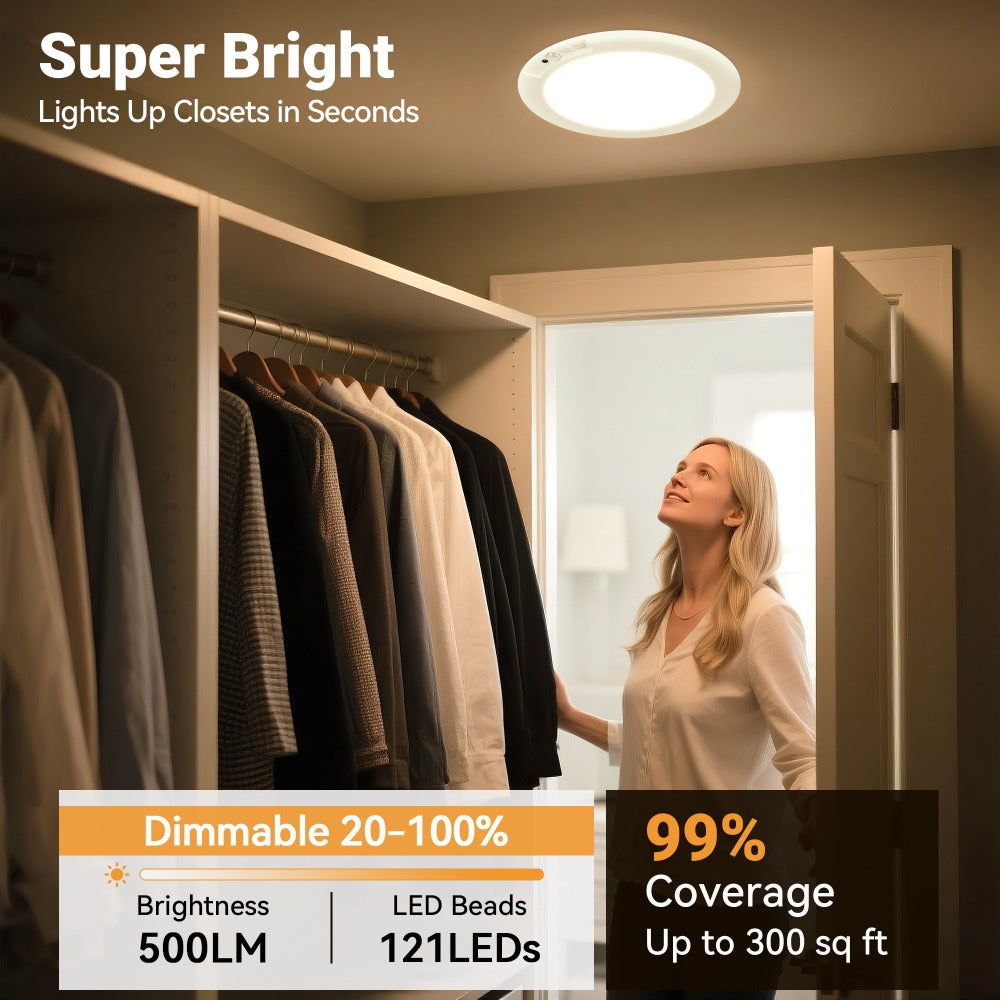 Rechargeable LED Ceiling Light with Motion Sensor – Remote Control Dimmable, 3 Color Temps 3000K/4500K/6500K, 10 Brightness Levels, Battery Operated Closet Light for Bathroom Hallway Pantry Porch