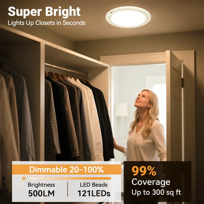 Rechargeable LED Ceiling Light with Motion Sensor – Remote Control Dimmable, 3 Color Temps 3000K/4500K/6500K, 10 Brightness Levels, Battery Operated Closet Light for Bathroom Hallway Pantry Porch