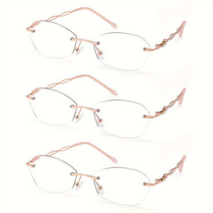 Rimless Reading Glasses for Women 3 Pack - Blue Light Blocking Lightweight Metal Frameless Readers with Anti Eyestrain Lenses, Multiple Colors and Magnifications 1.0X to 4.0X