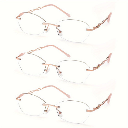 Rimless Reading Glasses for Women 3 Pack - Blue Light Blocking Lightweight Metal Frameless Readers with Anti Eyestrain Lenses, Multiple Colors and Magnifications 1.0X to 4.0X