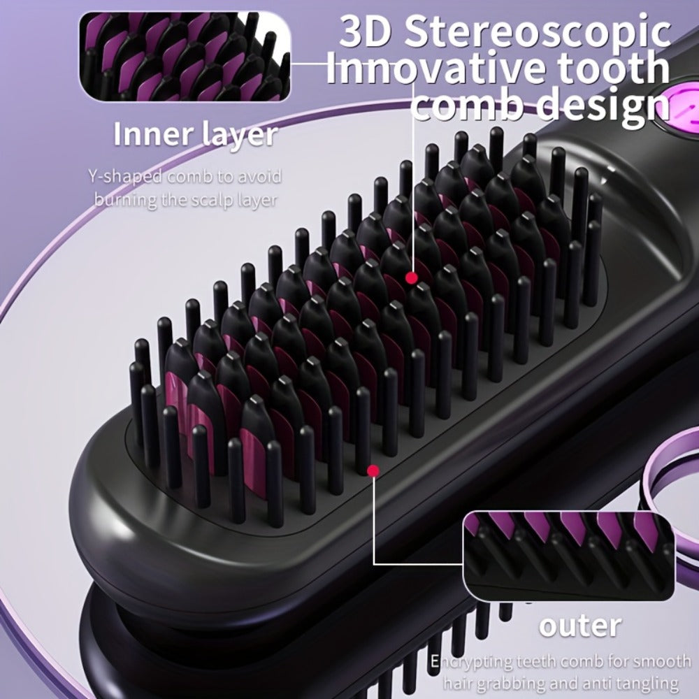 Wireless Hair Straightener Comb - Portable Cordless Straightening Brush with 3-Min Fast Heat, 3 Temp Settings 170-190°C, Negative Ion Technology, 3D Comb Design, Lightweight Travel Hair Straightener