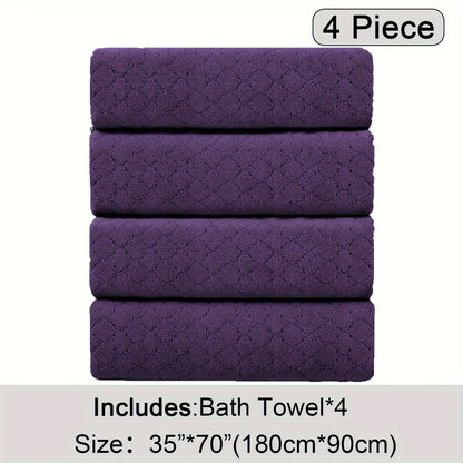 Oversized Bath Towel Set 4 Piece Diamond Pattern Microfiber - Ultra Soft Highly Absorbent Quick Dry | 10 Colors | Blue Green Black Gray Navy Orchid Brown Purple White Turquoise | Bathroom Hotel Gym Gift